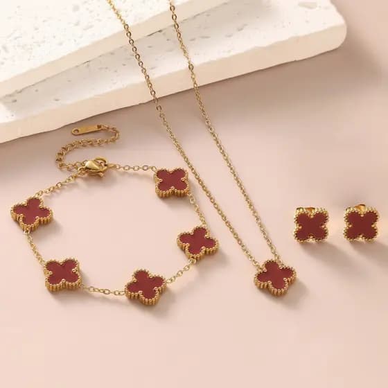 3 Em 1 18K Ouro Lucky Rded Clover Colar Pulseira Brinco Conjunto , De Joias Com Pingente Não Manchado Presente Para Mulh