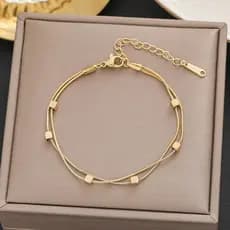 Pulseira Feminina De Aço Inoxidável De Alta Qualidade-Camada Dupla Com Pequenos Quadrados Dourados , 100 % Que Não Desbo