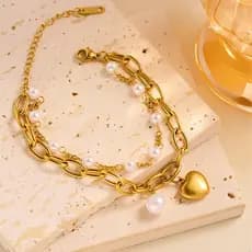 Moda luz luxo novo estilo pérola amor titânio aço dupla camada pulseira feminina