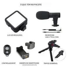 KIT-01LM Luz LED para Filmagem 3 em 1 Tripé Portátil Microfone para Transmissão Bastão de Selfie Alto-falante