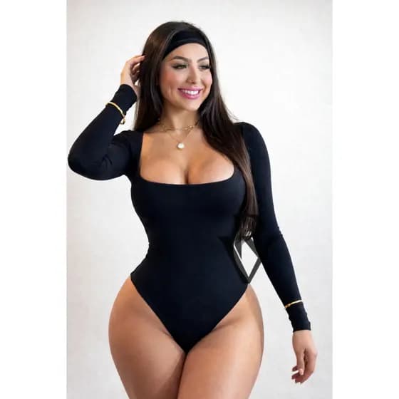 Body Manga Longa Decote Quadrado Collant Com Fecho