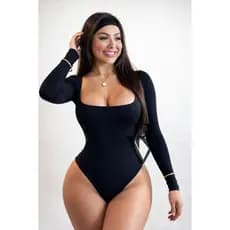 Body Manga Longa Decote Quadrado Collant Com Fecho