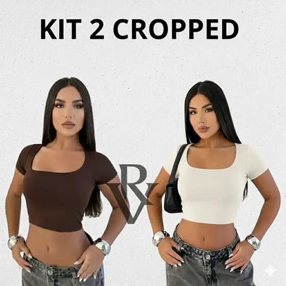 Kit 2 Cropped Decote Quadrado Feminino Manga Curta Básico Academia Dia A Dia Básica Suplex