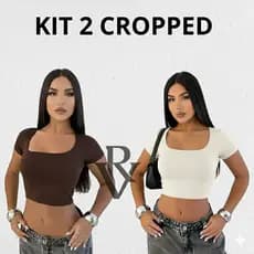 Kit 2 Cropped Decote Quadrado Feminino Manga Curta Básico Academia Dia A Dia Básica Suplex