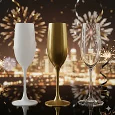 kit 5 Taças de champanhe acrílico liso 150 ml nas cores branco, dourado e transparente comemoração festas