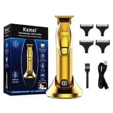 Maquina Acabamento Dourada Kemei KM-I32S Zero Gap Trimmer Barba Base Carregadora LCD Bivolt