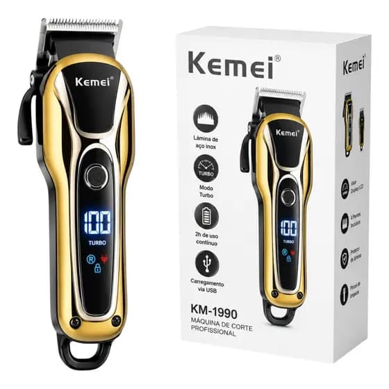 Maquina Cortar Cabelo Kemei KM-1990 Turbo Sem Fio Profissional Display LCD Barbearia Bivolt