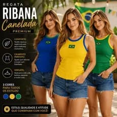 Blusa Brasil Feminina Regata Estrelas Bordada Canelada Copa  2026 Com Elasticidade