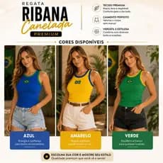 Blusa Feminina Brasil Bandeira Bordada Ribana Canelada Ajustada 3 Cores Tendência Copa