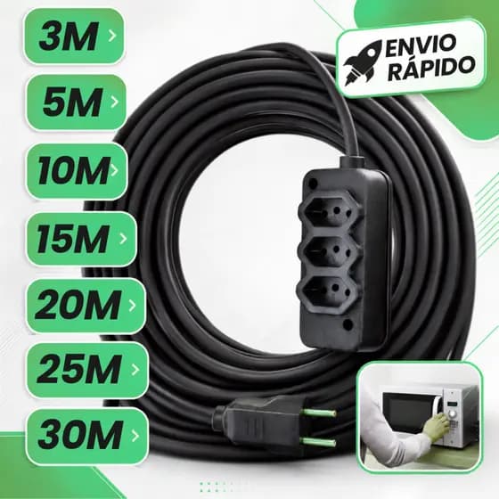 Extensão Elétrica CABO PP 2x2.5mm 20A/10A Resistente 3/ 5/15/20/25/30 (METROS)