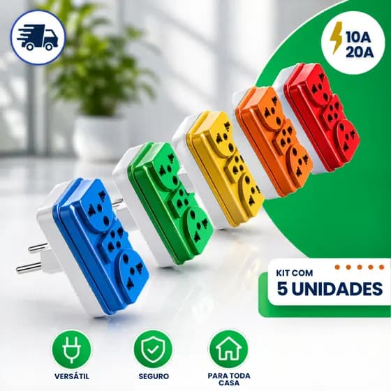 Adaptadores de Tomada T Coloridos - Benjamim 3 Saídas 10A e 20A