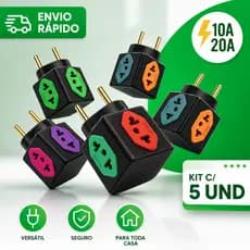 Adaptador de Tomada Benjamim Cubo 4 Tomadas Pino Maciço Resistente 10A/20A