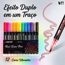 Canetas Contorno Linha Dupla Metálica Kit 6 a 36 Unidades Colorida Arte Decoração Papelaria Lettering 1547