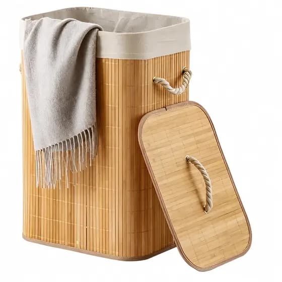 Cesto de Roupa Suja em Bambu Dobrável 70 Litros Retangular Organizador Forrado Grande Banheiro