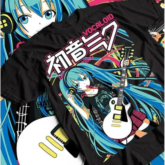 [Camiseta Premium em Algodão Puro]BOW Hatsune Miku T-Shirt, Anime Girl Tee, Kawaii Vocaloid Top, Project Diva Shirt,