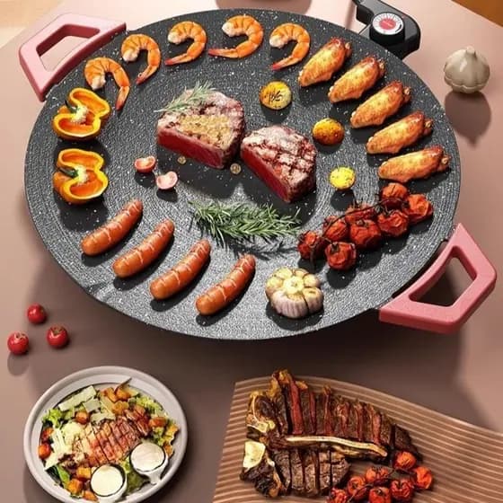 Grill Elétrico 36CM Antiaderente Sem Fumaça Churrasco, 5 Níveis de Temperatura, Churrasqueira Elétrica Prático 127V/220V