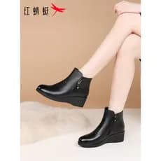 Libélula vermelha inverno sapatos femininos de sola grossa botas de salto cunha botas curtas femininas outono inverno co