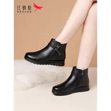 Libélula vermelha outono inverno sapatos femininos botas de sola macia botas curtas femininas de couro genuíno velo quen