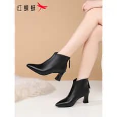 Sapatos femininos Red Dragonfly Novo estilo feminino bico fino de salto alto estilo ocidental botas curtas femininas de