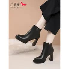 Sapatos femininos Red Dragonfly Novo estilo feminino salto grosso salto alto sapatos de couro botas curtas francesas bot