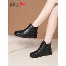 Libélula vermelha inverno sapatos femininos botas curtas femininas botas de algodão couro genuíno escovado quente engros