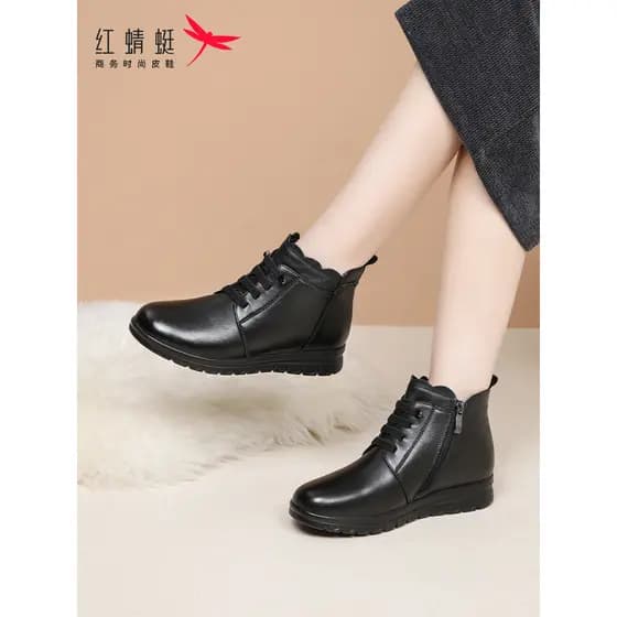 Libélula vermelha inverno sapatos femininos botas planas botas curtas femininas tubo médio couro genuíno lã quente mãe s