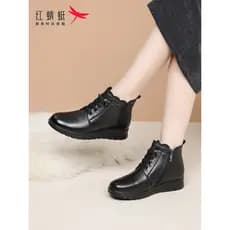 Libélula vermelha inverno sapatos femininos botas planas botas curtas femininas tubo médio couro genuíno lã quente mãe s