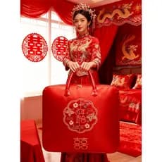 Casamento nacional na moda saco de armazenamento casamento conjunto de quatro peças vermelho feliz colcha sacola grande