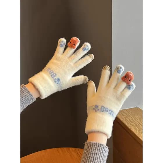 Bonito tela de toque Split-dedo luvas de malha feminino inverno calor forro de lã engrossado estudante