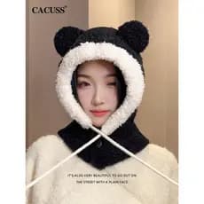 CACUSS Chapéu de urso fofo feminino outono inverno cabeça grande quente chapéu de lã grossa cachecol integrado à prova d