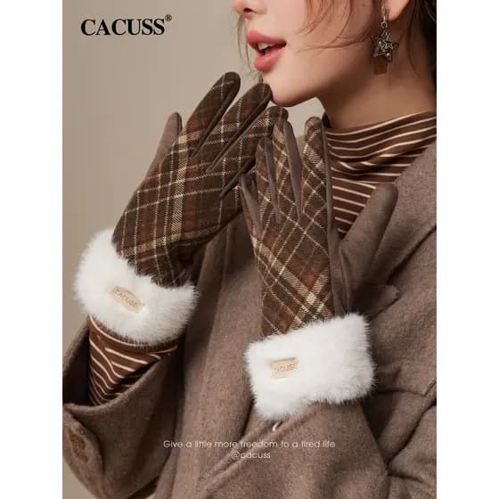 CACUSS luvas xadrez femininas outono inverno estilo britânico imitação de camurça luvas de dedo dividido equitação ao ar