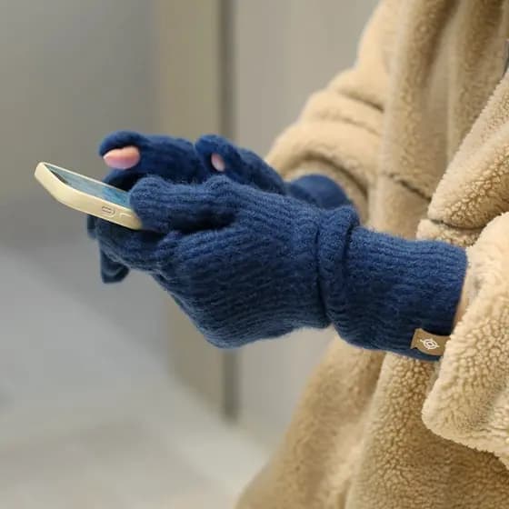 Moda dois dedos tela sensível ao toque lã azul masculino feminino estudante outono inverno luvas de malha ins grama quen