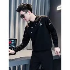 Bonito bordado gola Polo moletom masculino High-End lapela camiseta na moda de manga comprida masculino topo primavera o