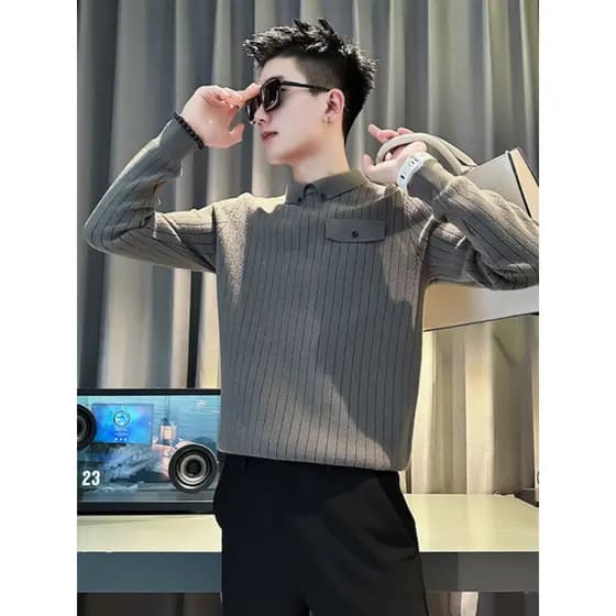 Camisa POLO gola camisola masculina grosso listrado camisa de fundo manga longa interior topo outono inverno novo estilo