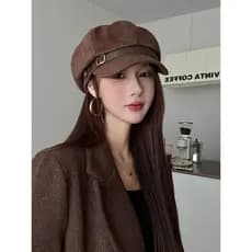 Chapéu octogonal marrom feminino outono inverno Retro boina de camurça de alta qualidade moda fivela de couro de aba lar