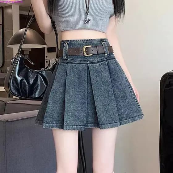 Saia jeans feminina saia plissada evasê alta com Design saia curta.