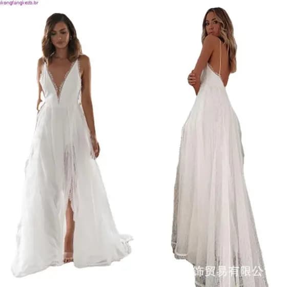 Elegante Vestido Longo de Renda Sem Mangas para Noivas e Madrinhas de Casamento R5096