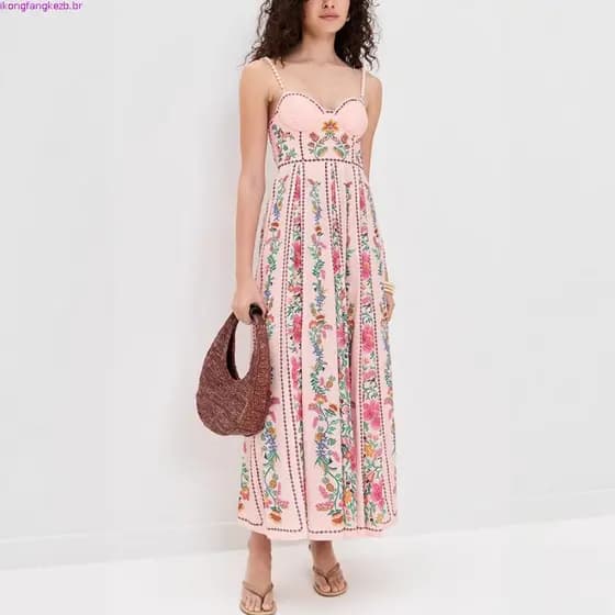 Novo vestido de alcinha estampado, vestido de linho soltinho para férias, estilo INS.