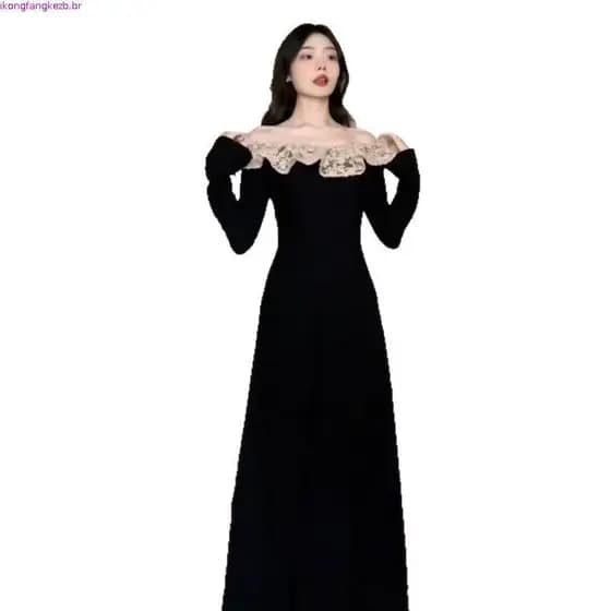 Estilo francês 2025 Hepburn novo estilo de manga comprida outono inverno malha mais magro olhar renda elegante saia long