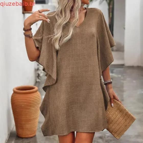 R Decote V Para, Linho, Vestidos Casuais Fluidos