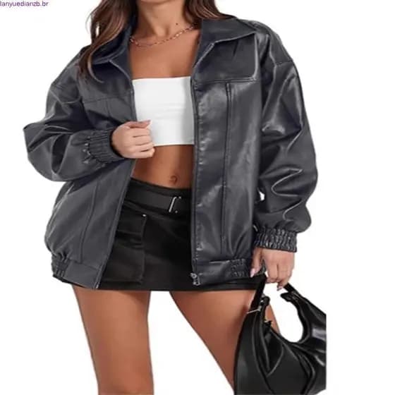 Jaqueta Feminina de Couro PU em Cor Sólida, Manga Longa, Gola Reversível, Zíper, Bolso Lateral, Estilo Trench Coat
