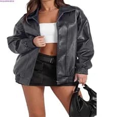 Jaqueta Feminina de Couro PU em Cor Sólida, Manga Longa, Gola Reversível, Zíper, Bolso Lateral, Estilo Trench Coat