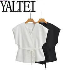 Colete Vintage Feminino HH com Decote em V e Amarração, Sem Mangas, Blusa Casual Elegante para o