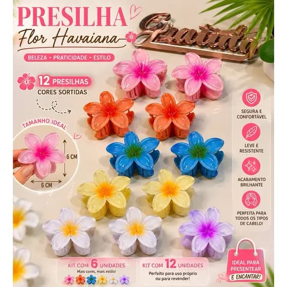 Kit 12 Presilhas Flor Havaiana Coloridas 6cm  Sortidas Feminina Piranha de Cabelo Atacado