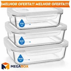 Conjunto 3 Potes Vidro Hermético Alta Vedação Marmita Retangular Resistente Tampa com Travas