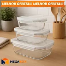 Kit com 3 Potes Hermético Retangular de Vidro Borossilicato 370ml 670ml 1050ml