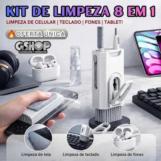 Kit 8 em 1 de Limpeza Portátil Escova Pincel Para Teclado Fone Ouvido Monitor Celular Multifuncional