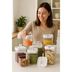 Kit Conjunto 7 Potes Acrílico Hermético Para Alimentos Organizador De Armário Cozinha Resistente