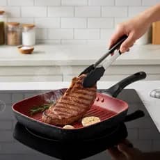 Frigideira Grill Quadrada Antiaderente Marmorizada 24cm Fogão Indução Gás Elétrico Premium Vermelha