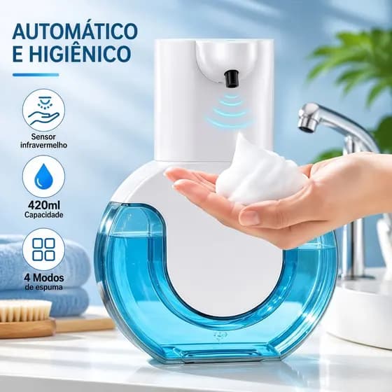 Dispenser de Sabonete Automático com Sensor Porta Sabonete Líquido em Espuma Recarregável USB